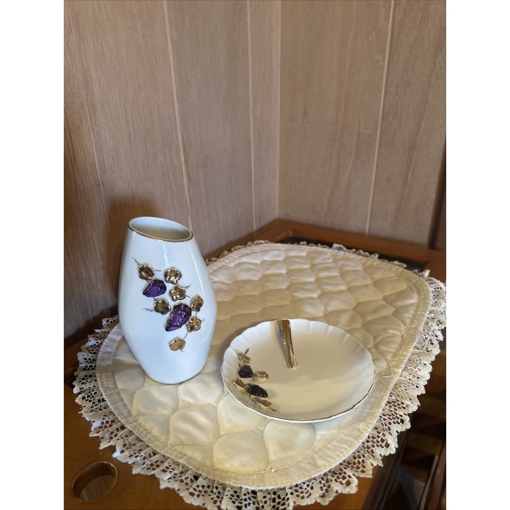 Conco Vintage Hand Painted Grapes & Gold Leaves "Marilyn‎ Exclusive" Vase & Dish